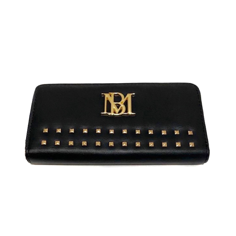 Badgley Mischka Black Gold Logo Studs Zip-Around Wallet NWT